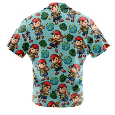 Default Button Up Hawaiian Shirt (Copy) in light blue with a repeating pattern of Ness from EarthBound holding a baseball bat, interspersed with globes and green leaves.