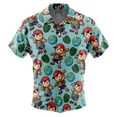Light blue Default Button Up Hawaiian Shirt (Copy) with a short-sleeved, button-up design and a repeating pattern of the character Ness, globes, and tropical leaves.