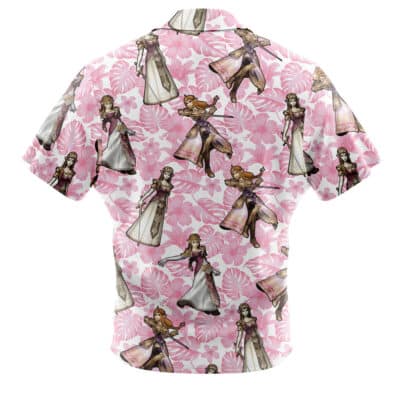 Default Button Up Hawaiian Shirt featuring a repeating pattern of Princess Zelda over a pink hibiscus and leaf print.
