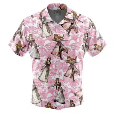 Default Button Up Hawaiian Shirt featuring a repeating pattern of the character Zelda against a pink floral background.