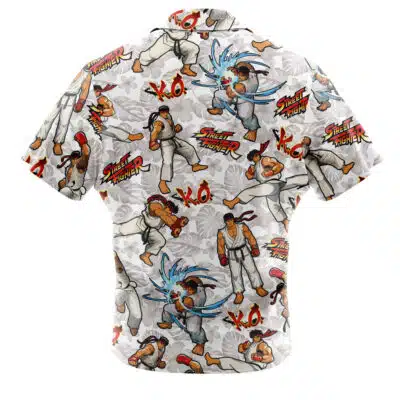 Default Button Up Hawaiian Shirt featuring an all-over print of Street Fighter characters, the game logo, and K.O. text over a faint palm leaf pattern.