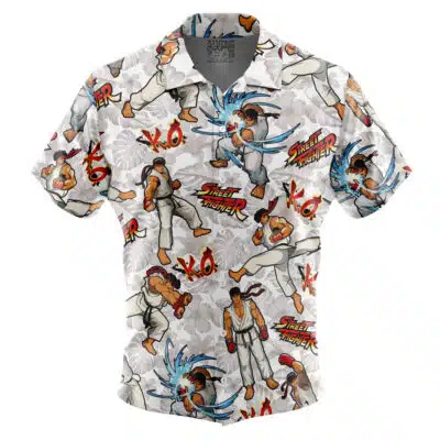 Default Button Up Hawaiian Shirt featuring a repeating pattern of Street Fighter characters, the game logo, and K.O. text over a light floral print.