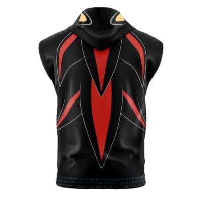 Back view of a black Miles Tails Sleeveless Hoodie featuring a red and white abstract design and two yellow accents on the hood.