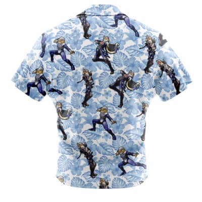Default Button Up Hawaiian Shirt featuring a repeating pattern of Sheik from The Legend of Zelda over a light blue tropical leaf print.