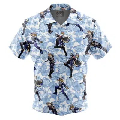 Default Button Up Hawaiian Shirt with an all-over print of anime-style characters playing harps over a blue hibiscus floral pattern.