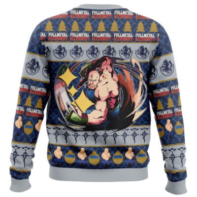 Blue and gray Christmas Sephiroth Final Fantasy 7 Ugly Christmas Sweater (Copy) featuring a central graphic of Alex Louis Armstrong, surrounded by repeating patterns of the show’s logo, Christmas trees, and ornaments.