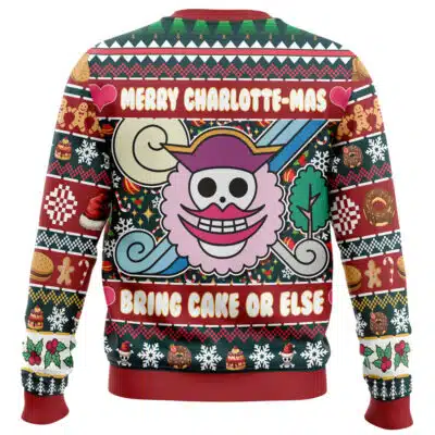 Flashily Festive Buggy the Clown One Piece Ugly Christmas Sweater in red, green, and white with a pirate clown, MERRY CHARLOTTE-MAS, BRING CAKE OR ELSE, gingerbread men, donuts, and holiday motifs.