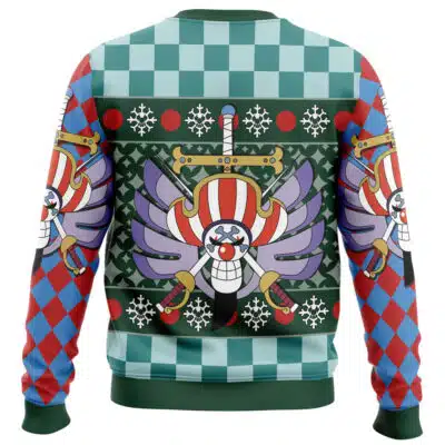 Christmas Alex Louis Armstrong Fullmetal Alchemist Ugly Christmas Sweater featuring a long-sleeved green, red, and blue checkered pattern, a clown skull emblem with swords and wings on the back, and snowflake decorations.
