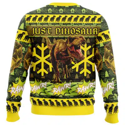 Green and yellow Elias and Chise Ancient Magus’ Bride Ugly Christmas Sweater featuring a central T-rex, snowflakes, dinosaur silhouettes, and the text JUST DINOSAUR and RAWR!.