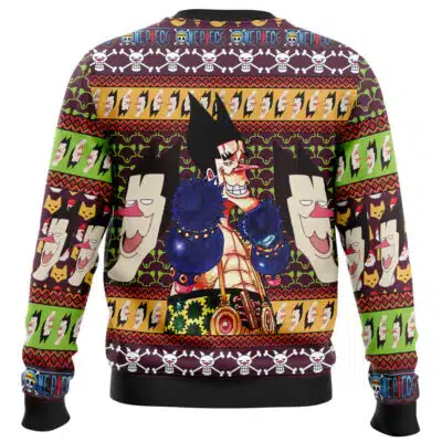 Big Mom’s Ho Ho Hungry One Piece Ugly Christmas Sweater featuring a long-sleeved pattern of One Piece logos, skull symbols, and a central illustration of Foxy the Silver Fox wearing boxing gloves.