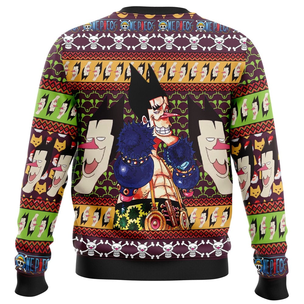 Big Mom’s Ho Ho Hungry One Piece Ugly Christmas Sweater featuring a long-sleeved pattern of One Piece logos, skull symbols, and a central illustration of Foxy the Silver Fox wearing boxing gloves.