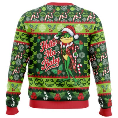 Christmas Luffy x Enel One Piece Ugly Christmas Sweater featuring a green holiday design with a cartoon frog in a Santa hat and tuxedo holding a candy cane, text that reads Hello! Ma Baby, and a pattern of frogs, snowflakes, and candy canes.