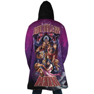 A person wearing a Heishiro Mitsurugi Soulcalibur Dream Cloak Coat with a vibrant, illustrated graphic on the back featuring an anime-style battle scene and the text GOD VALLEY INCIDENT.