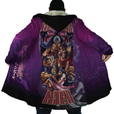 A person wearing a purple Heishiro Mitsurugi Soulcalibur Dream Cloak Coat with a sherpa lining, featuring a large graphic print of anime characters on the back and the text INCIDENT at the bottom.