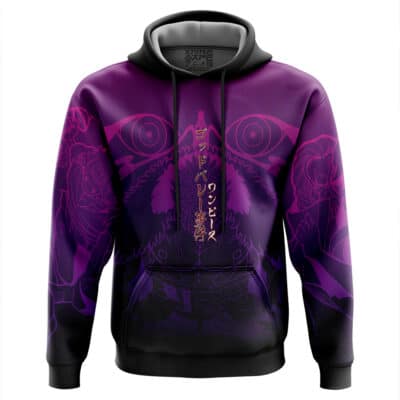 Porygon Vaporwave Pokemon Hoodie in purple, featuring an abstract design, two stylized eyes, and vertical Japanese text on the chest.