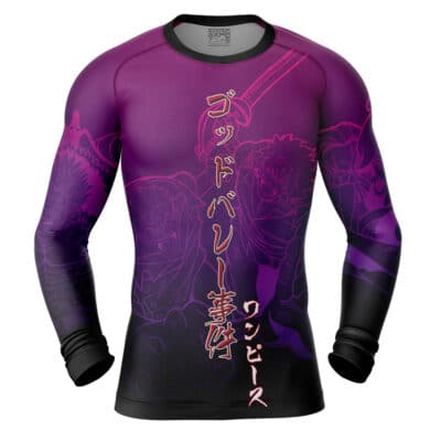 Monkey D. Luffy Gear 4th Snakeman One Piece Long Sleeve Rash Guard Compression Shirt in purple and black, featuring anime character illustrations and Japanese text on the chest.