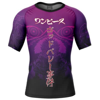 Monkey D. Luffy Gear 4th Snakeman One Piece Short Sleeve Rash Guard Compression Shirt featuring a purple-to-black gradient, an anime-style character graphic on the front, and Japanese text running vertically down the center.