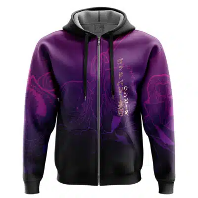 Heishiro Mitsurugi Soulcalibur Zip Hoodie Jacket purple and black zip-up hoodie featuring graphic manga-style character illustrations and Japanese text.