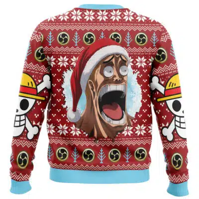 Christmas Foxy Face Bomb One Piece Ugly Christmas Sweater in red, featuring a wide-eyed, shouting man in a Santa hat surrounded by snowflakes, pirate skull icons, and circular symbols.