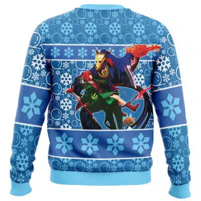 Make it Rein Ugly Christmas Sweater in blue, featuring a pattern of white snowflakes and bubbles and an illustration of a horned figure in a dark robe carrying a person on their back.