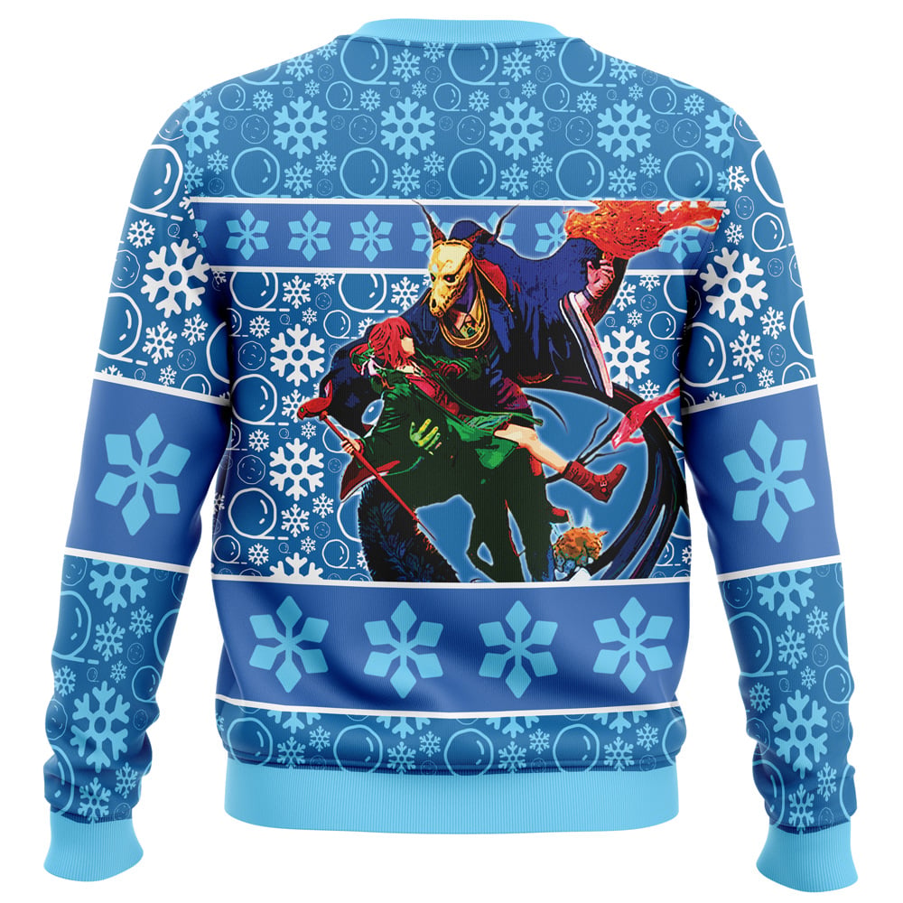Make it Rein Ugly Christmas Sweater in blue, featuring a pattern of white snowflakes and bubbles and an illustration of a horned figure in a dark robe carrying a person on their back.