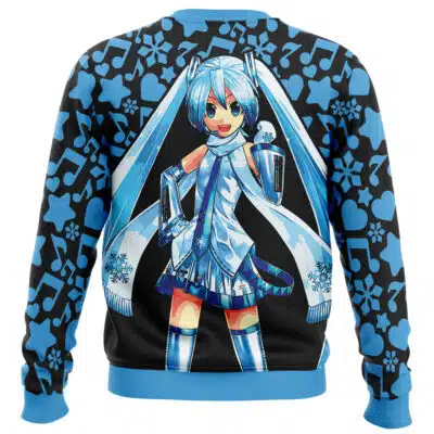 Back view of a black Merry Fishmas Ugly Christmas Sweater (Copy) featuring an anime girl with long blue twin-tails surrounded by a pattern of blue musical notes, hearts, stars, and snowflakes.