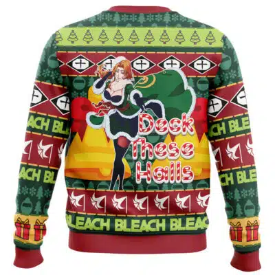 An Elias and Chise Ancient Magus’ Bride Ugly Christmas Sweater featuring an anime-style woman in a festive outfit, with the text Deck These Halls and the word Bleach repeated in the pattern.
