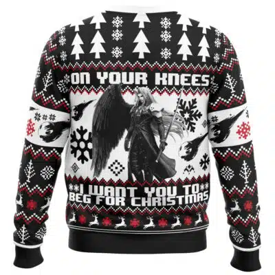 Just Dinosaur Rawr Ugly Christmas Sweater (Copy) in black and white, featuring Sephiroth with wings and swords surrounded by snowflakes and geometric patterns, with the text On your knees, I want you to beg for Christmas.