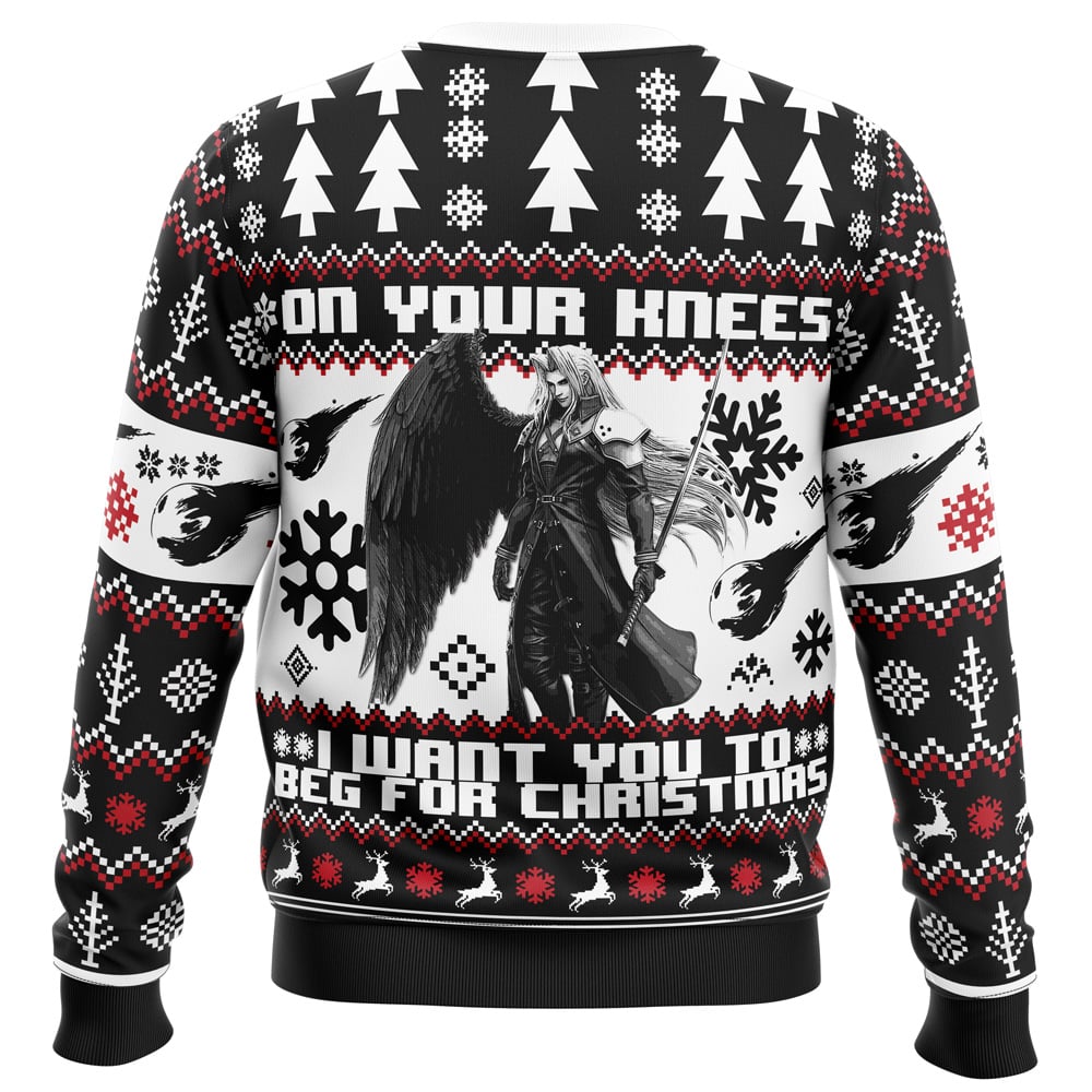 Just Dinosaur Rawr Ugly Christmas Sweater (Copy) in black and white, featuring Sephiroth with wings and swords surrounded by snowflakes and geometric patterns, with the text On your knees, I want you to beg for Christmas.